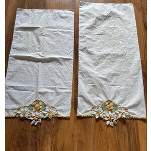 Vintage White Cotton Pillowcases With Orange & Green Embroidered Floral Lace